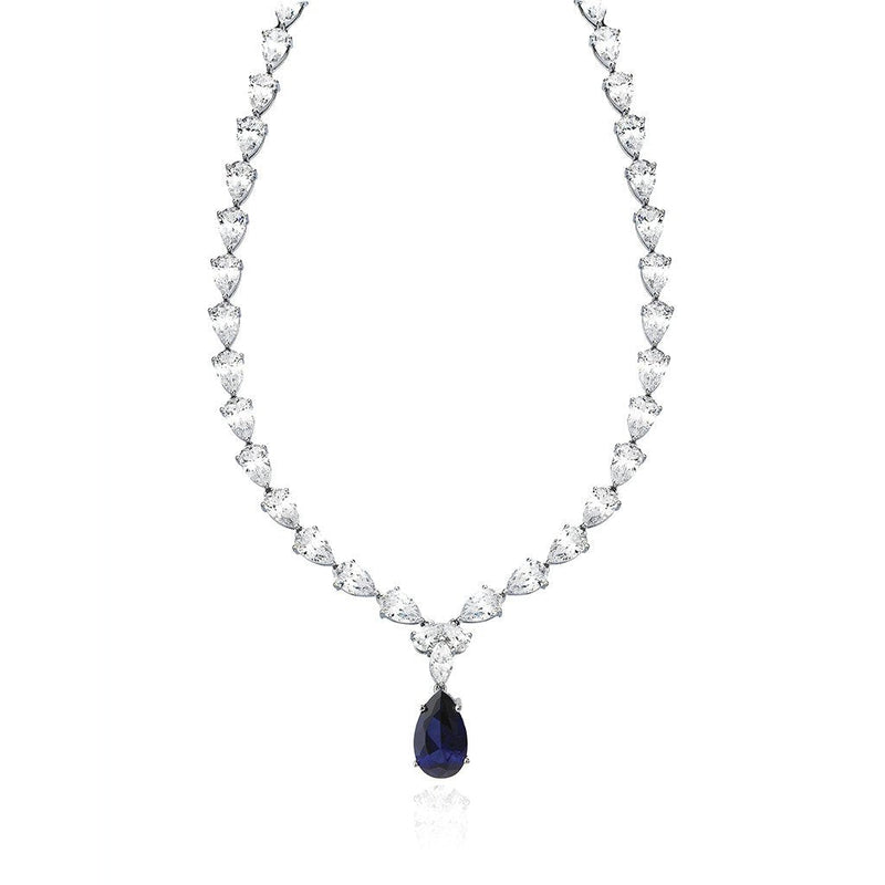 Classic Pear Tennis Necklace Finished in Pure Platinum With Sapphire - CRISLU
