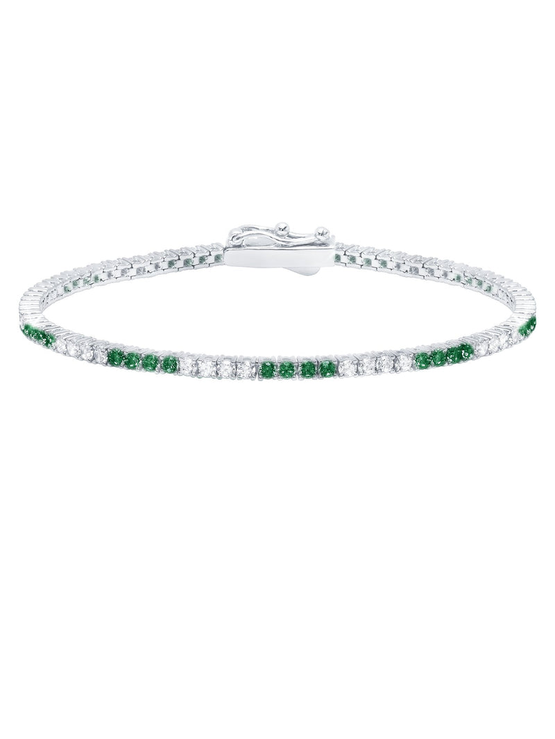Classic Small Brilliant Tennis Bracelet Finished in Pure Platinum with Emerald Stones - CRISLU