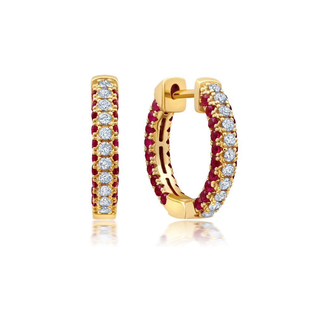 Clear And Ruby Color Round Cut Huggie Hoop Earrings - CRISLU