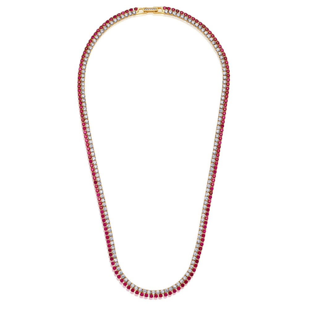 Double Row Clear And Ruby Color Round Cut 18'' Tennis Necklace - CRISLU