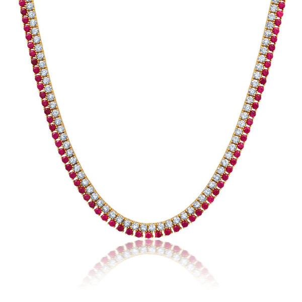 Double Row Clear And Ruby Color Round Cut 18'' Tennis Necklace - CRISLU