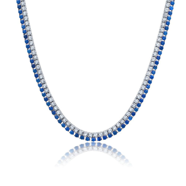 Double Row Clear And Sapphire Color Round Cut 18'' Tennis Necklace - CRISLU