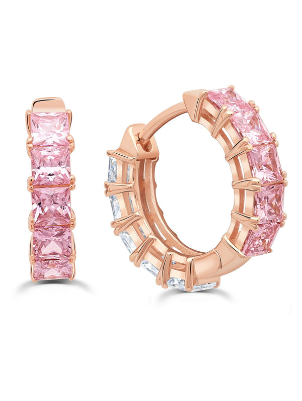 Duo Hoop Earrings Finished in 18kt Rose Gold - 13 mm with Pink and Clear Stones - CRISLU