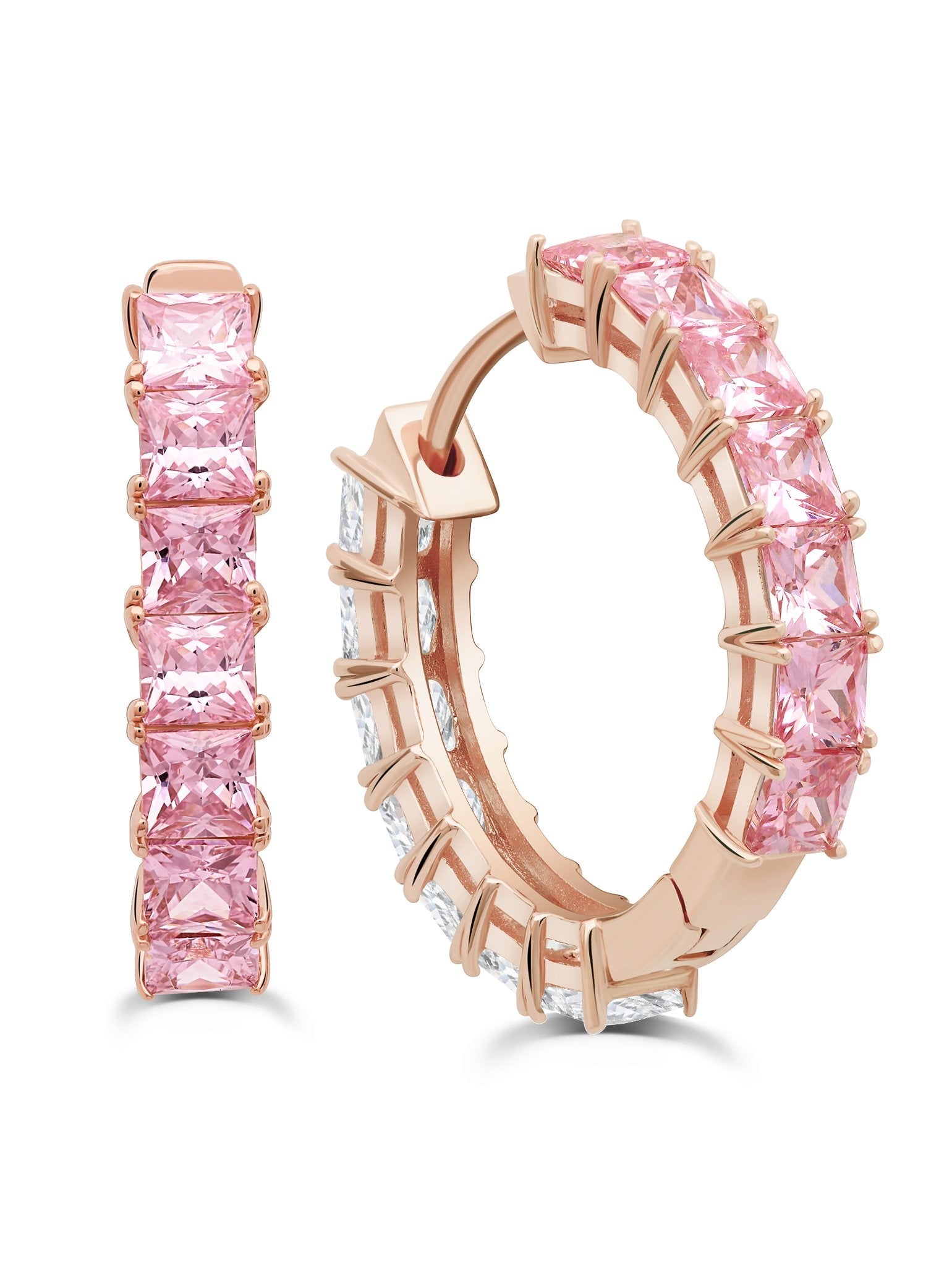 Duo Hoop Earrings Finished in 18kt Rose Gold - 22 mm with Pink and Clear Stones - CRISLU