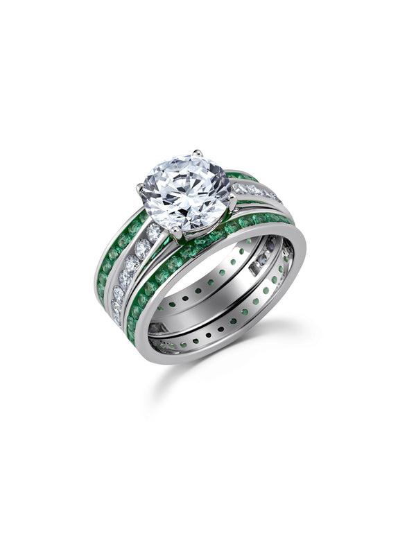 Engagement Ring Set with Emerald Bands Finished in Pure Platinum - CRISLU