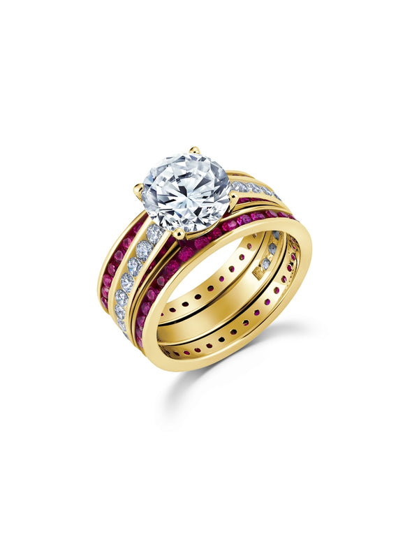 Engagement Ring Set with Ruby Bands Finished in 18kt Yellow Gold - CRISLU