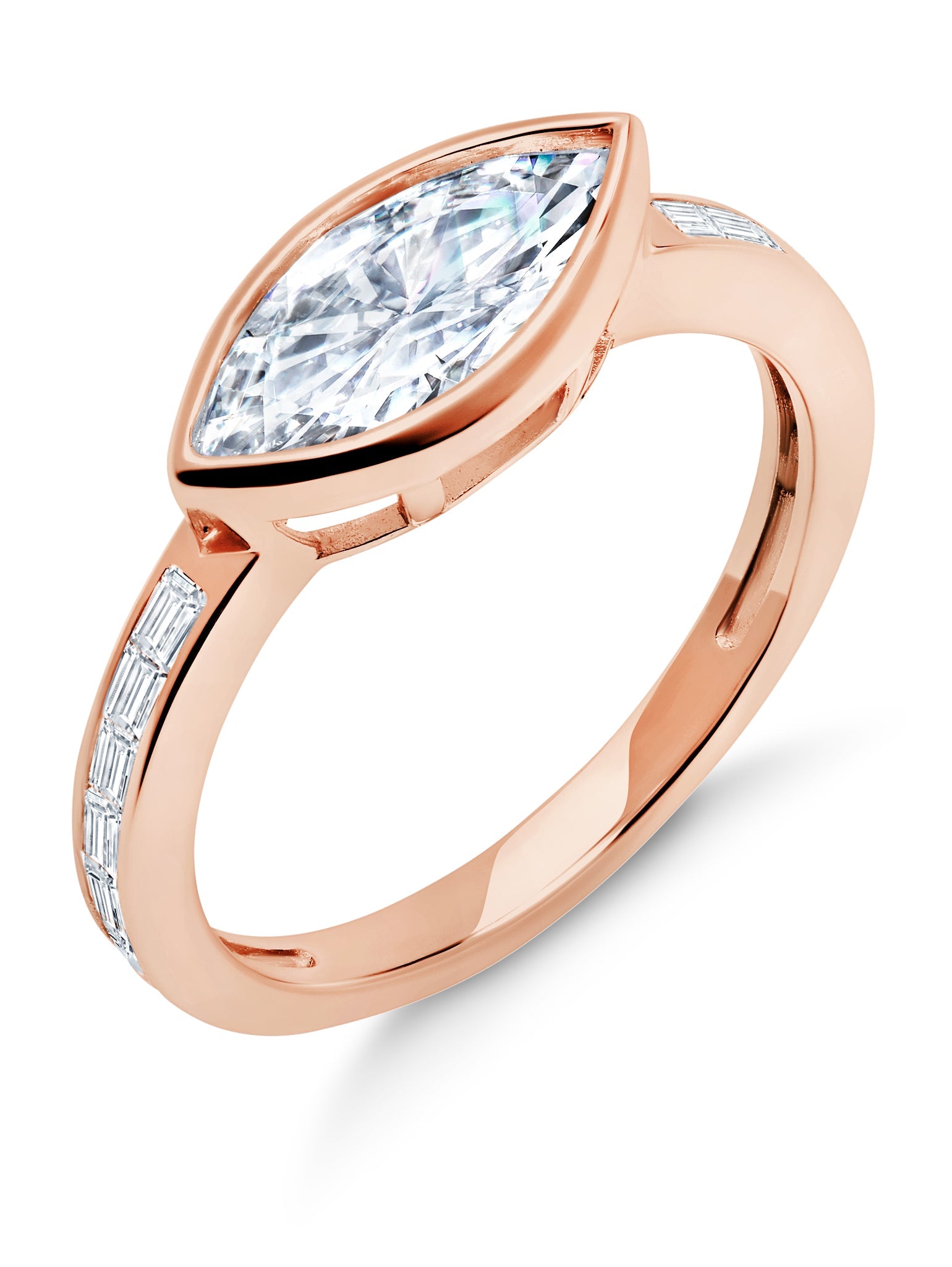 Fickle- 18kt Rose Gold Marquise Solitaire w/ Baguette Accent Band Ring Set - CRISLU