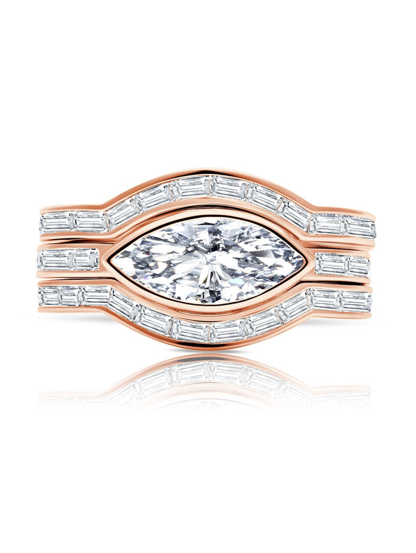 Fickle- 18kt Rose Gold Marquise Solitaire w/ Baguette Accent Band Ring Set - CRISLU