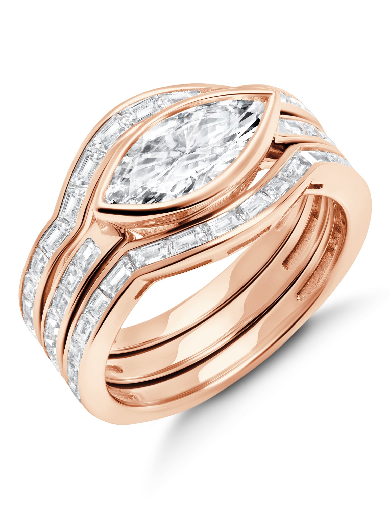 Fickle- 18kt Rose Gold Marquise Solitaire w/ Baguette Accent Band Ring Set - CRISLU