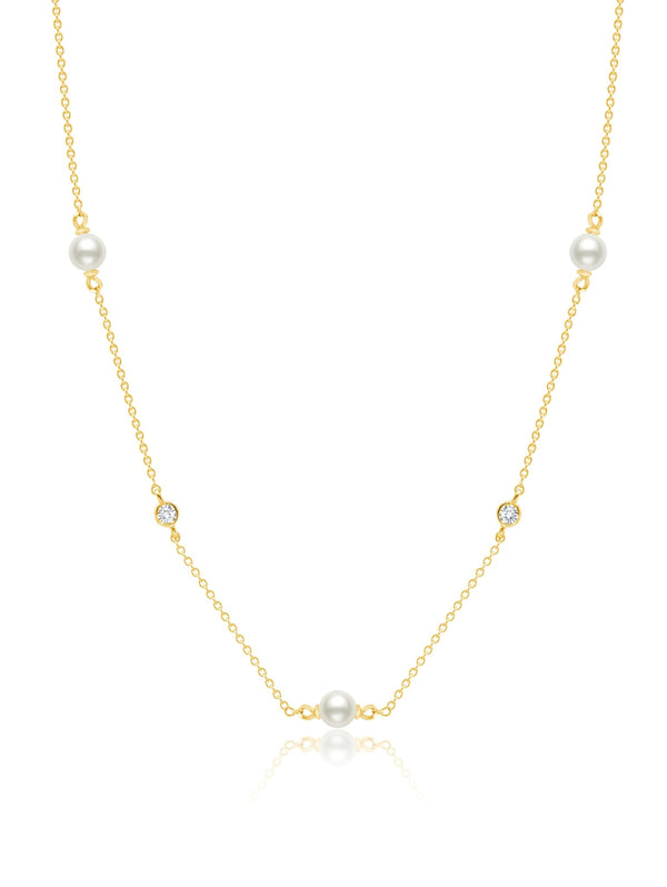 Genuine Pearl 16"Multi Station Necklace accented with Bezel Set CZ in 18kt Yellow Gold - CRISLU