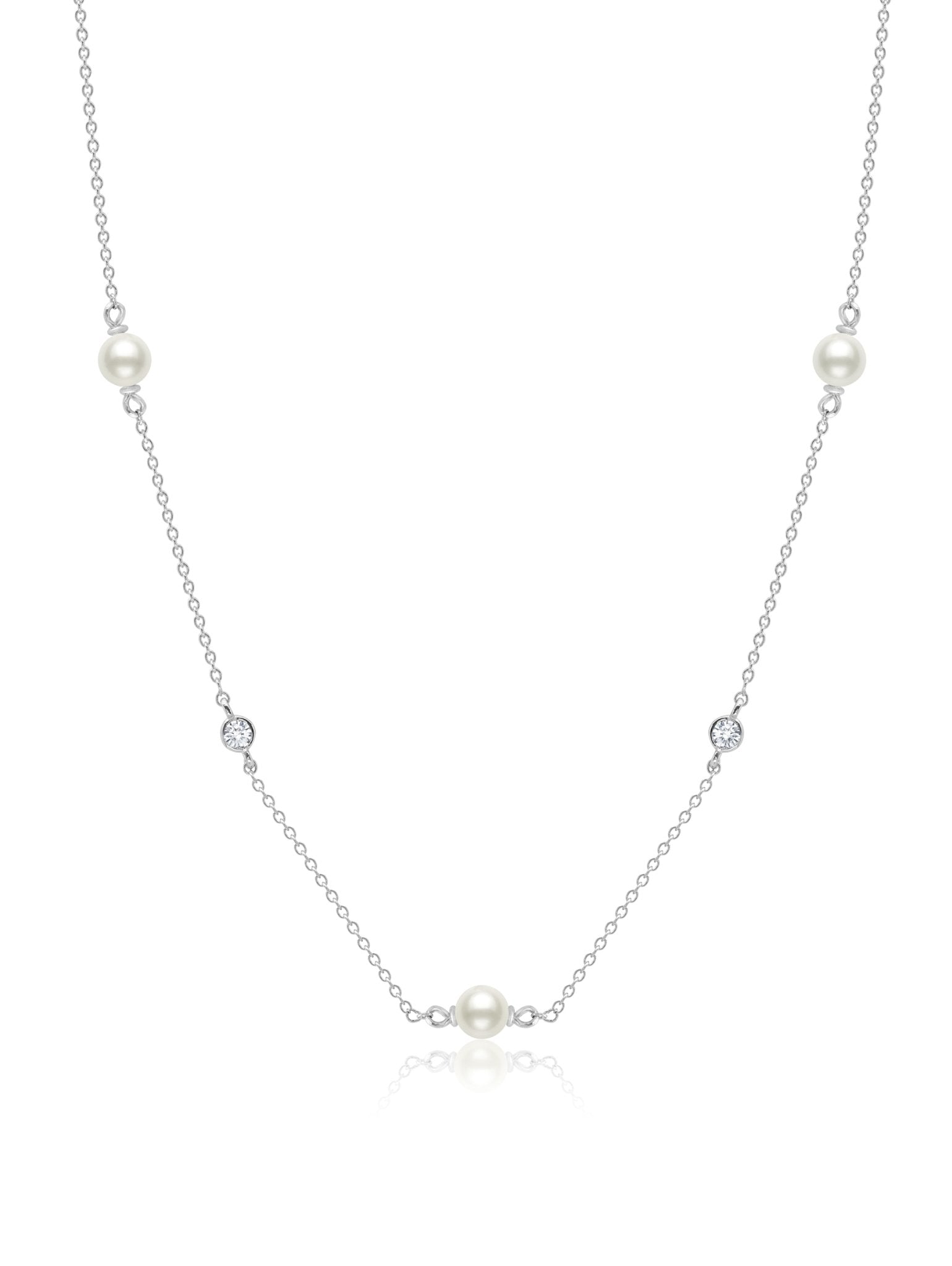 Genuine Pearl 16"Multi Station Necklace accented with Bezel Set CZ in Platinum - CRISLU