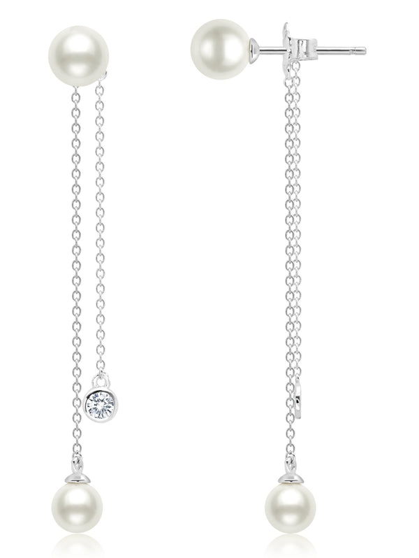 Genuine Pearl and CZ Bezel Set DropEarrings in Pure Platinum - CRISLU