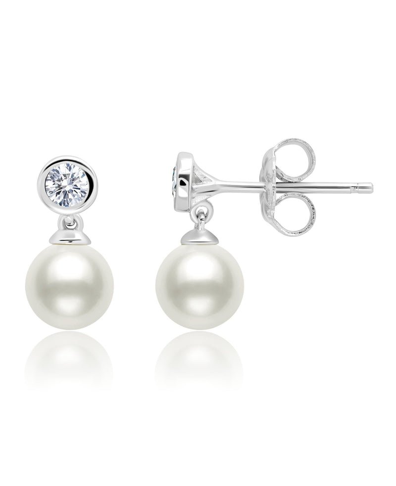 Genuine Pearl Drop Earrings with CZ Bezel Set in Pure Platinum - CRISLU