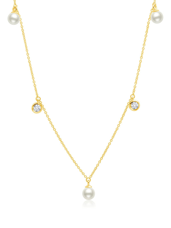 Genuine Pearl Drop Necklace with CZ Bezel Set Finished in 18kt Yellow Gold - CRISLU