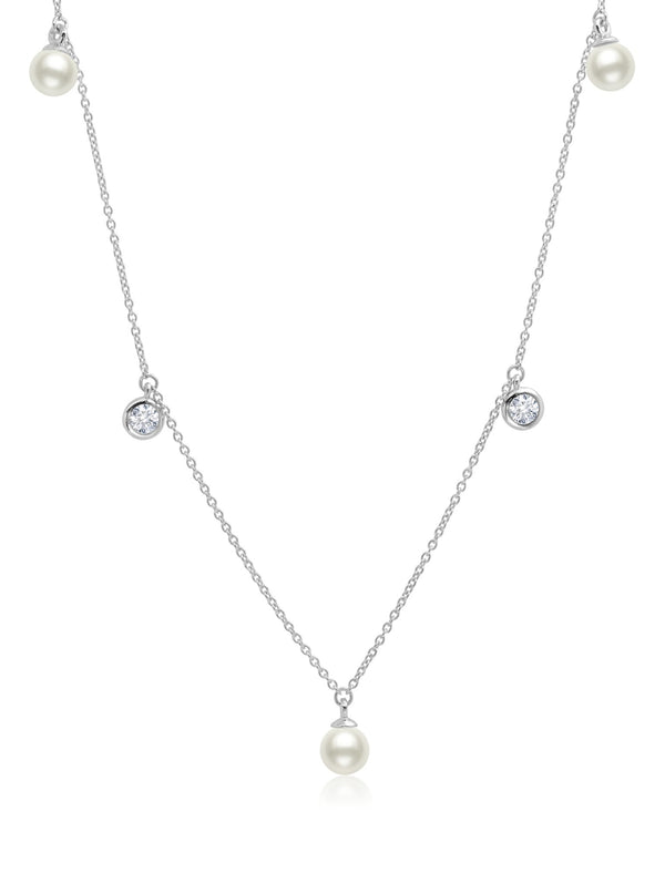 Genuine Pearl Drop Necklace with CZ Bezel Set Finished in Pure Platinum - CRISLU