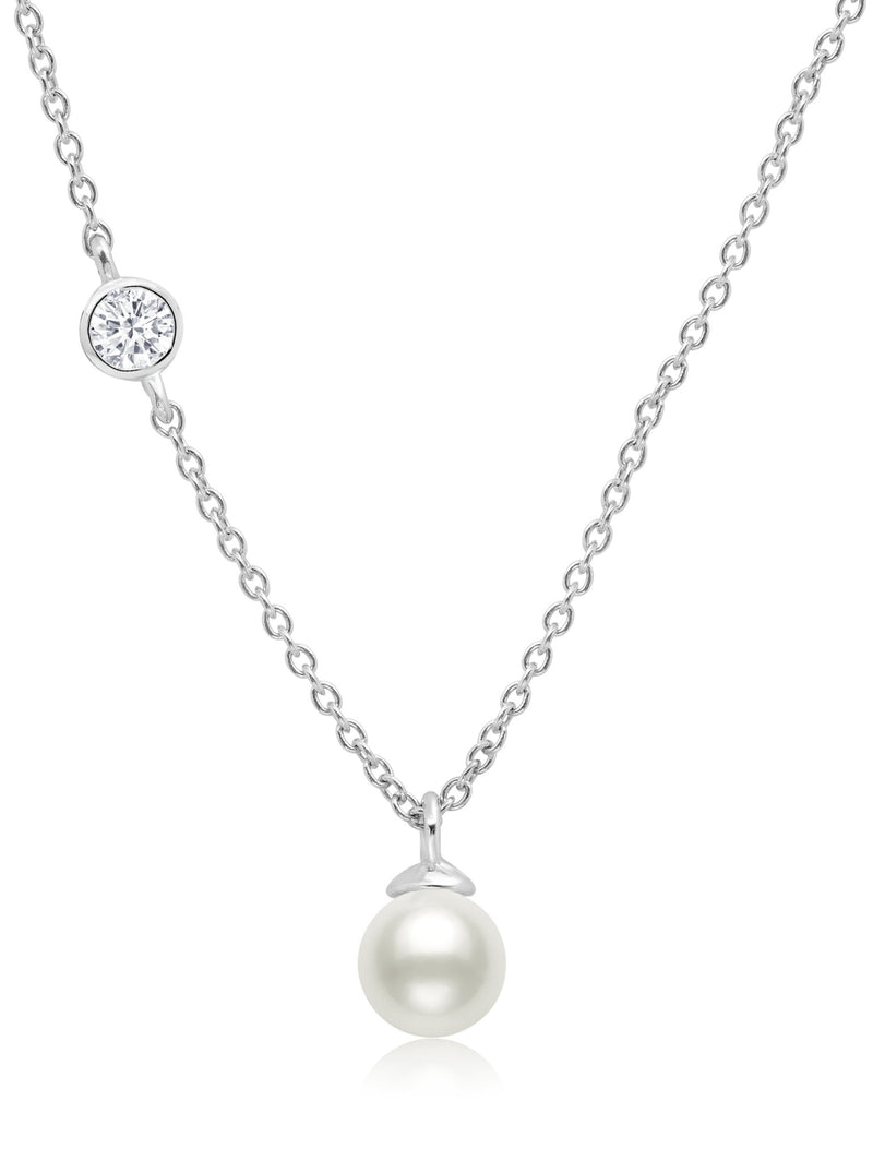 Genuine Pearl Drop Pendant accented with Bezel Set Cubic Zirconia In Pure Platinum - CRISLU