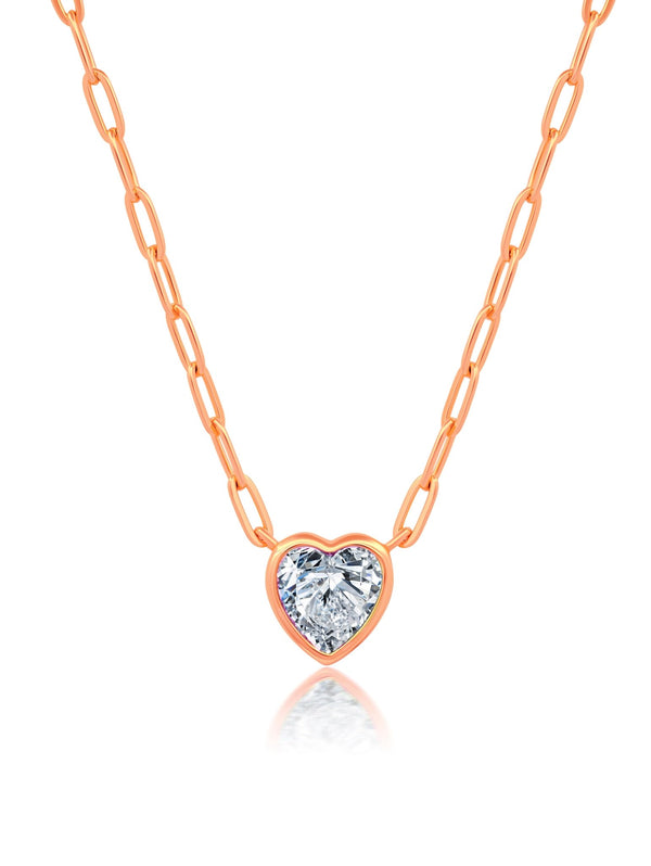 Heart Shaped Bezel Set Paperclip Necklace - CRISLU