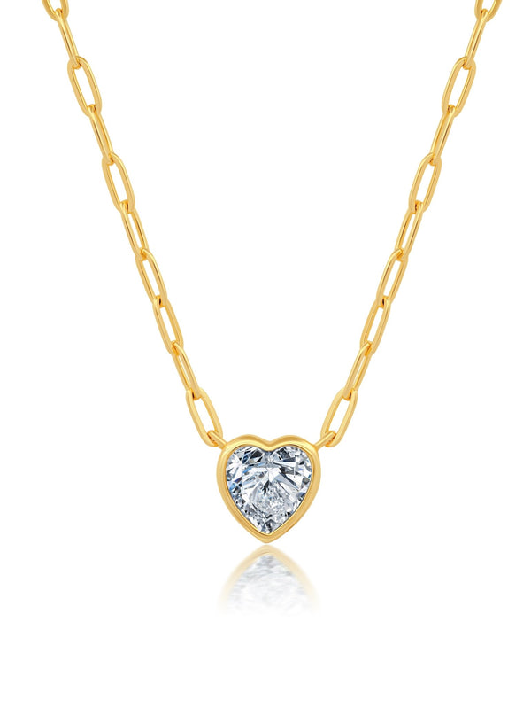 Heart Shaped Bezel Set Paperclip Necklace - CRISLU