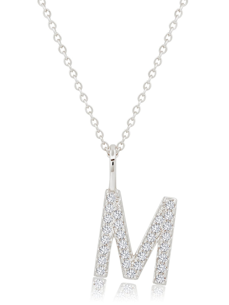 Initial Pendent Necklace Charm Letter M Finished in Pure Platinum - CRISLU