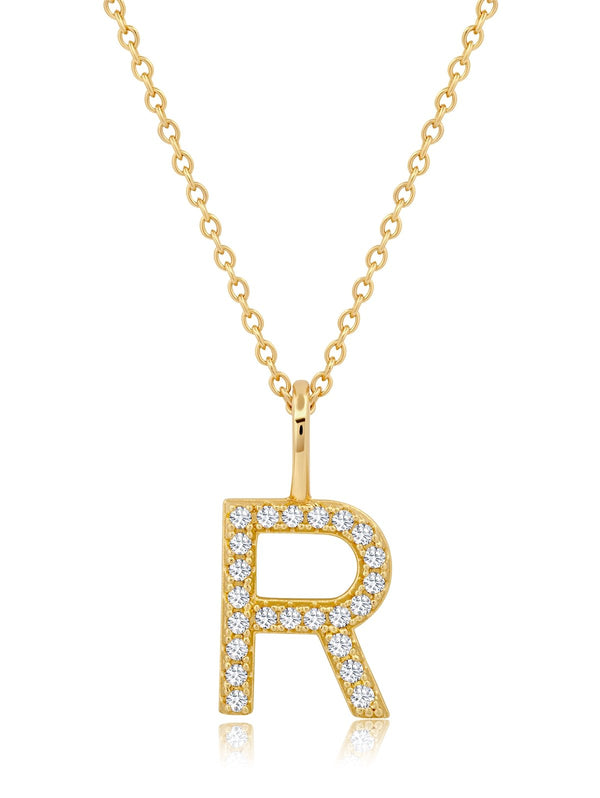 Initial Pendent Necklace Charm Letter R Finished in 18kt Yellow Gold - CRISLU