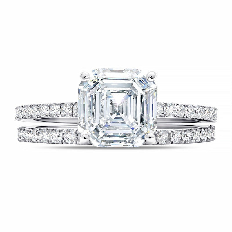 Large Asscher Solitaire and Pave Ring Set Finished in Pure Platinum - CRISLU