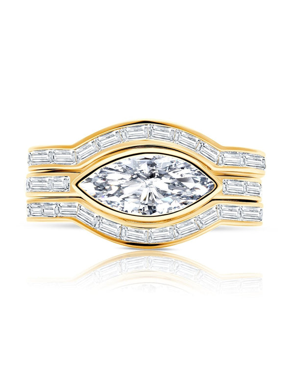 Marquise Solitaire w/ Baguette Accent Band Ring Set Finished in 18kt Yellow Gold - CRISLU