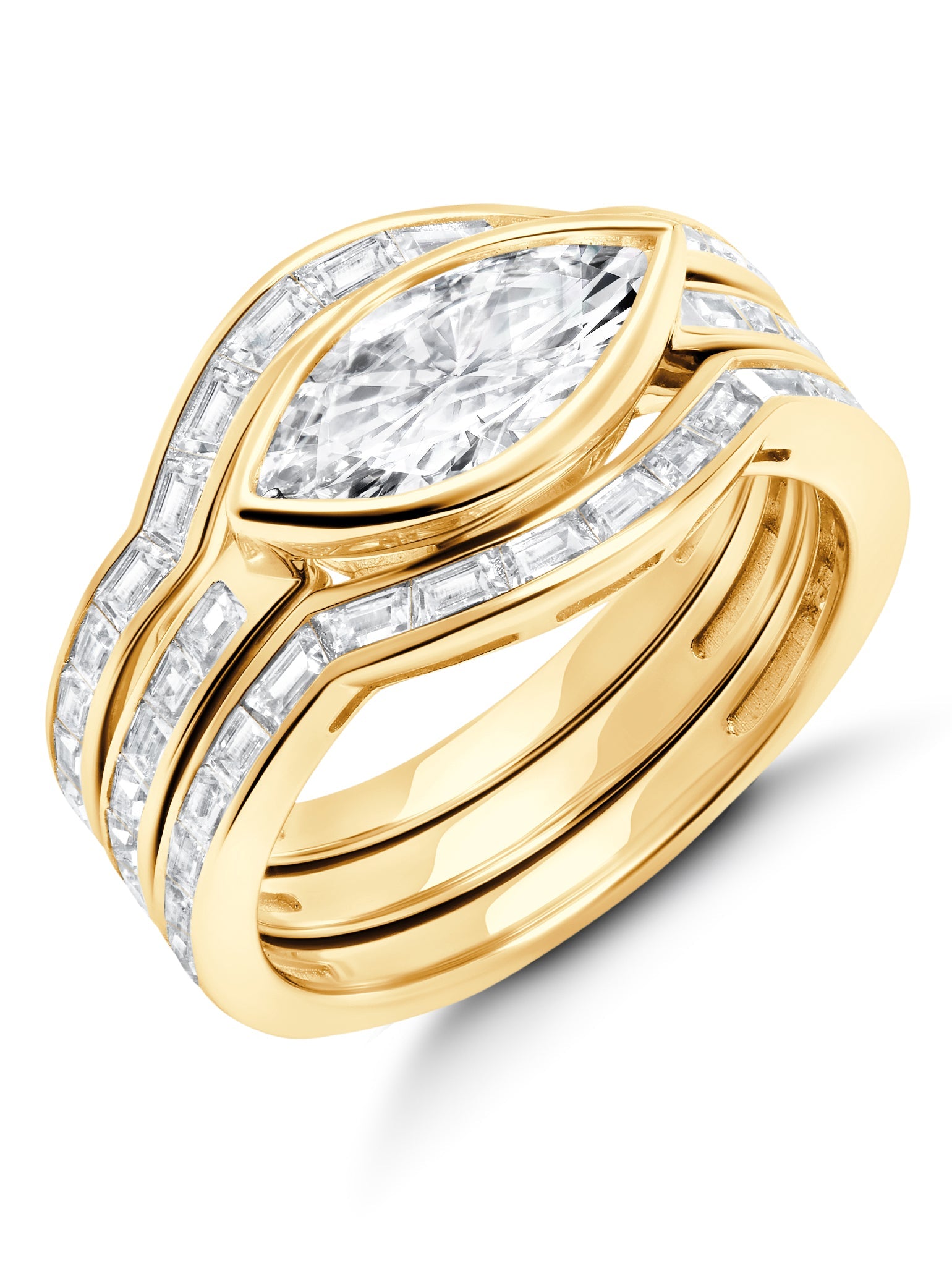 Marquise Solitaire w/ Baguette Accent Band Ring Set Finished in 18kt Yellow Gold - CRISLU