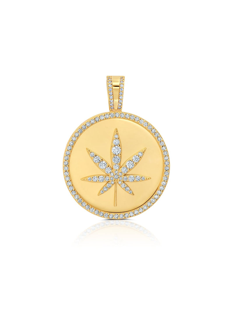 Mens Cannabis Medallion Pendant With Matching Backplate And Round Cut Stone Borders - CRISLU