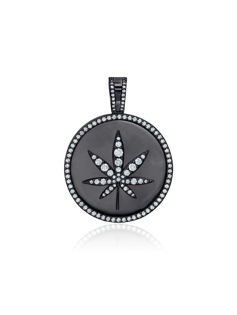 Mens Cannabis Medallion Pendant With Matching Backplate And Round Cut Stone Borders - CRISLU