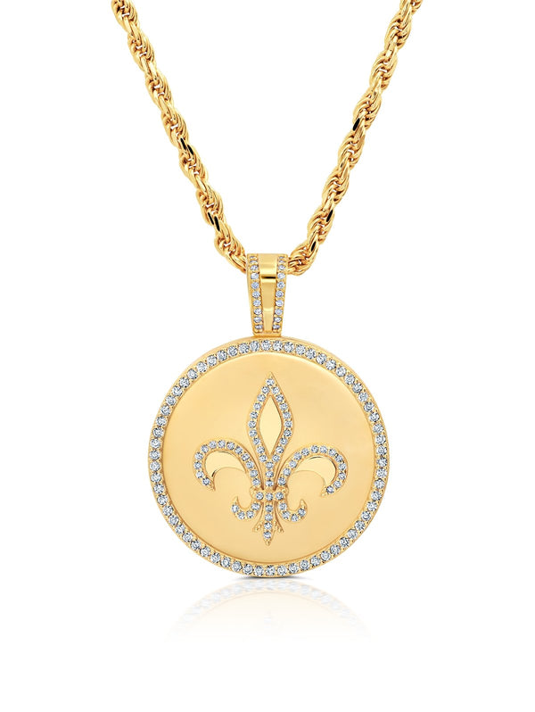 Mens Fleur De Lis Medallion Pendant With Matching Backplate And Round Cut Stone Borders - CRISLU