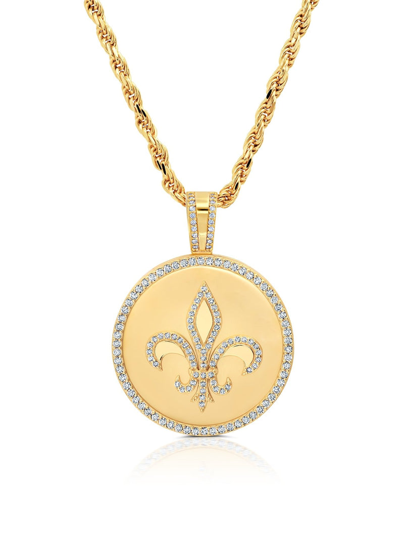 Mens Fleur De Lis Medallion Pendant With Matching Backplate And Round Cut Stone Borders - CRISLU