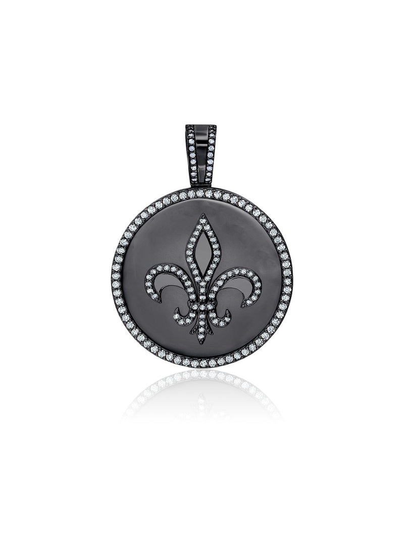 Mens Fleur De Lis Medallion Pendant With Matching Backplate And Round Cut Stone Borders - CRISLU