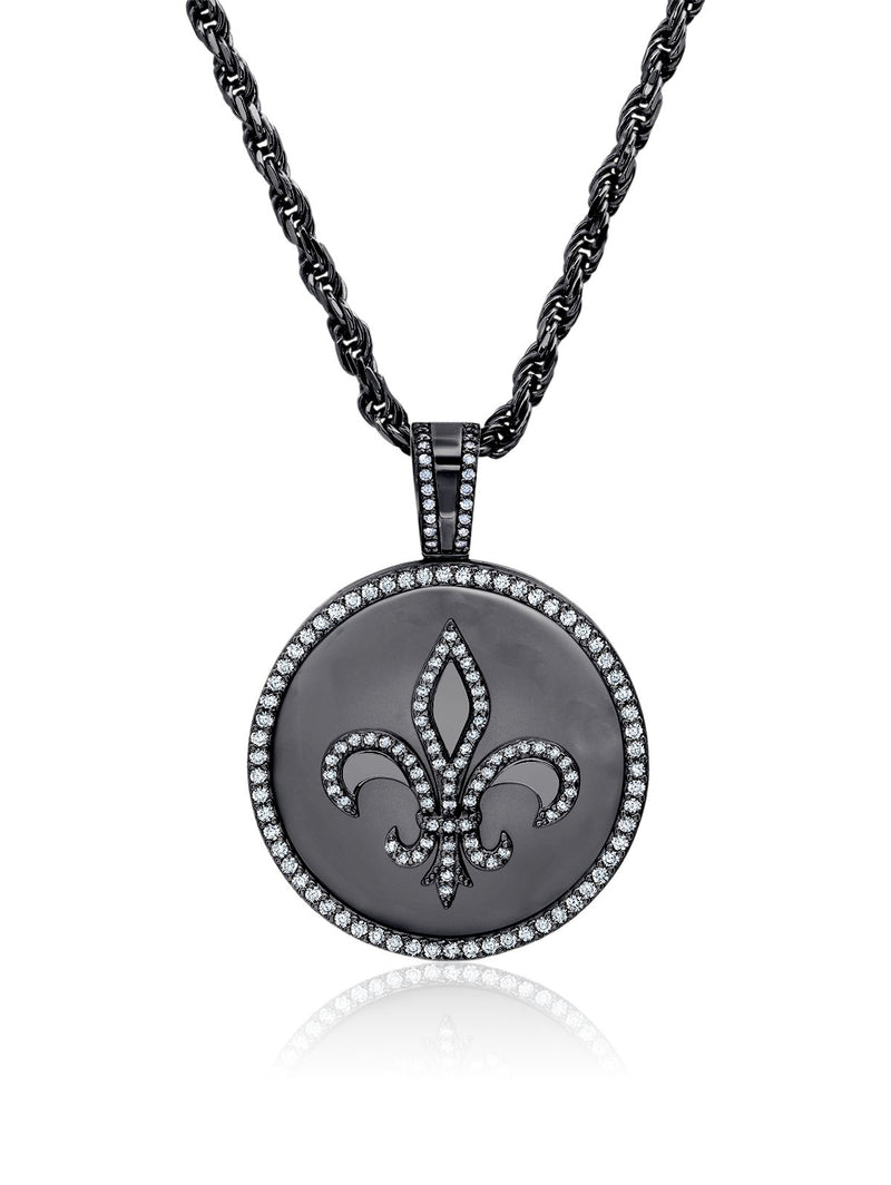 Mens Fleur De Lis Medallion Pendant With Matching Backplate And Round Cut Stone Borders - CRISLU