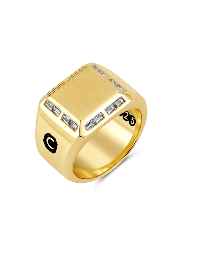 Mens Large Signet Ring with Baguettes Finished in 18kt Yellow Gold - CRISLU