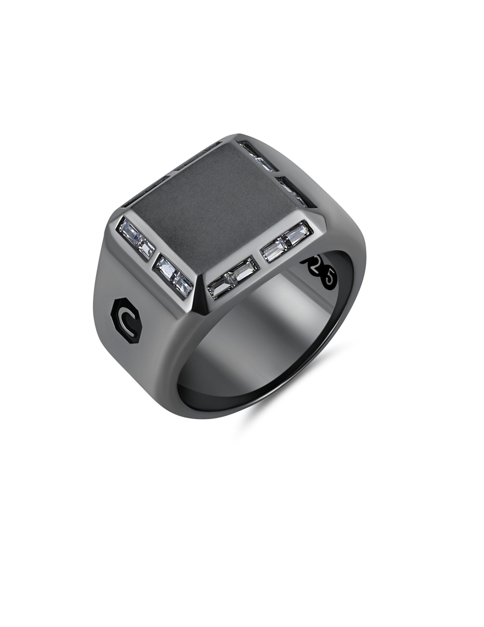 Mens Large Signet Ring with Baguettes Finished in Black Rhodium - CRISLU