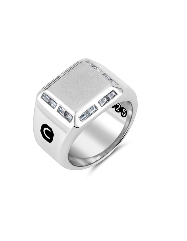 Mens Large Signet Ring with Baguettes Finished in Pure Platinum - CRISLU