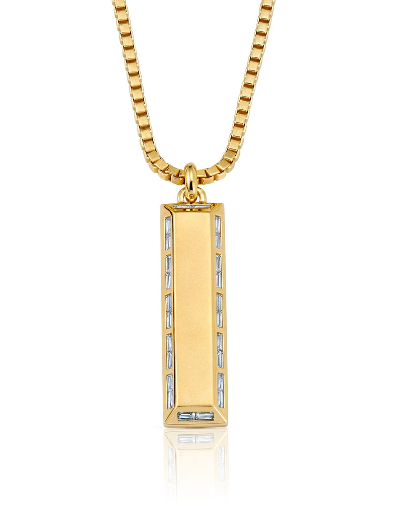 Mens Matte Box Chain Bar Necklace with Baguettes Finished in 18kt Yellow Gold - CRISLU