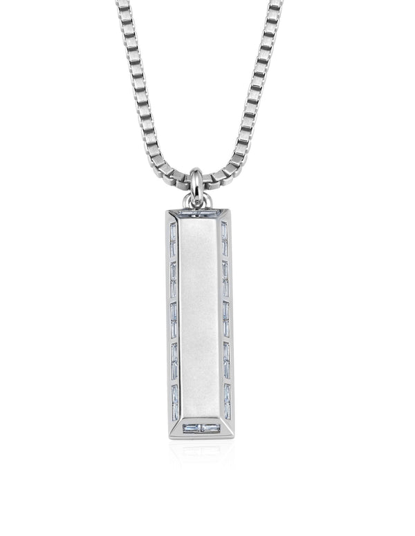 Mens Matte Box Chain Bar Necklace with Baguettes Finished in Pure Platinum - CRISLU