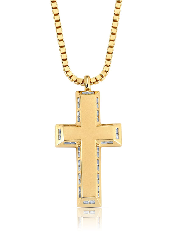 Mens Matte Box Chain Cross Necklace with Baguettes Finished in 18kt Yellow Gold - CRISLU