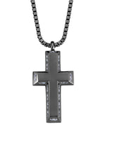 Mens Matte Box Chain Cross Necklace with Baguettes Finished in Black Rhodium - CRISLU