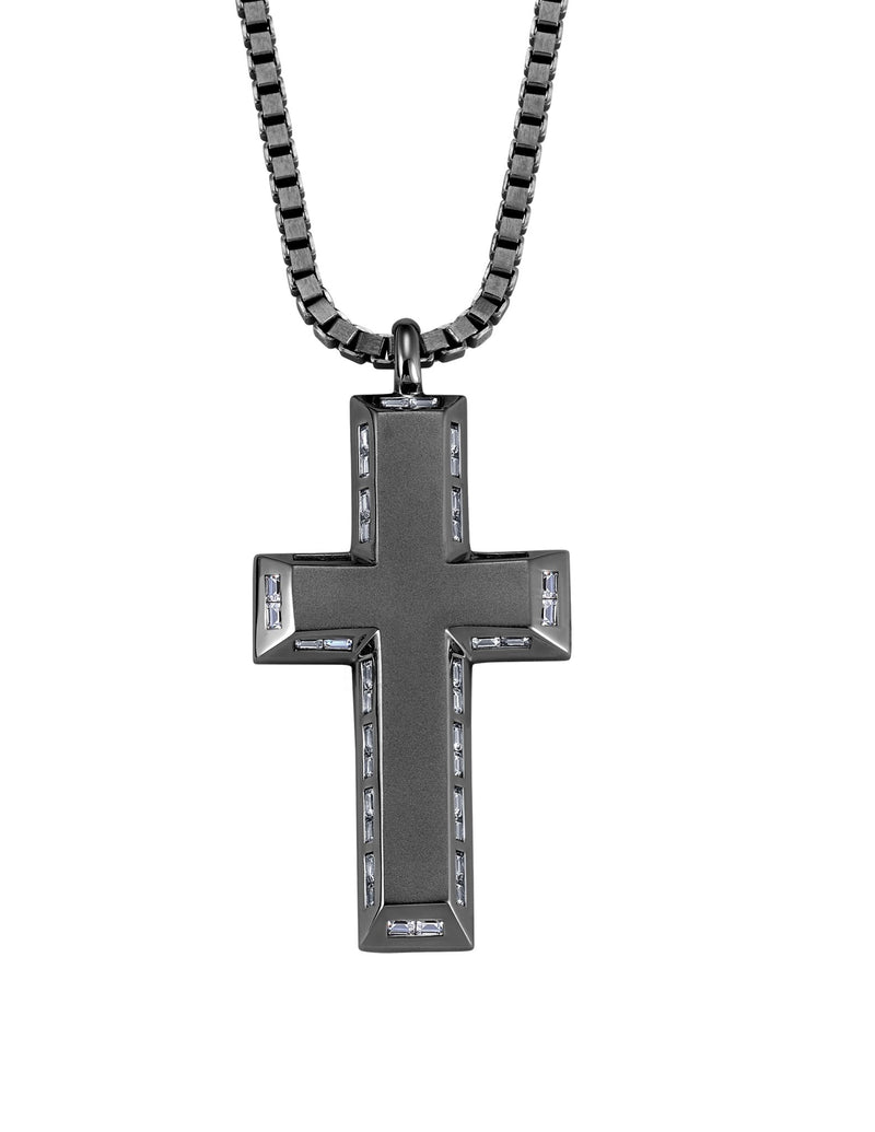 Mens Matte Box Chain Cross Necklace with Baguettes Finished in Black Rhodium - CRISLU