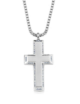 Mens Matte Box Chain Cross Necklace with Baguettes Finished in Pure Platinum - CRISLU