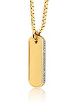 Mens Matte Box Chain Dog Tag Necklace with Baguettes Finished in 18kt Yellow Gold - CRISLU