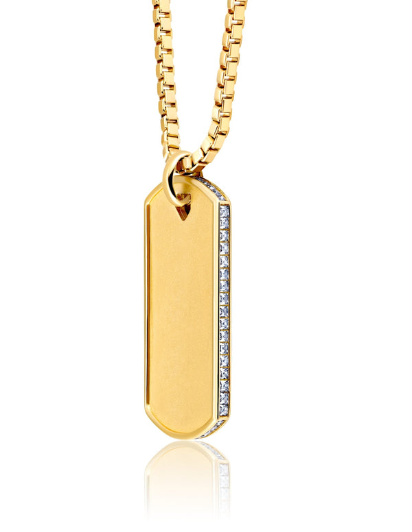 Mens Matte Box Chain Dog Tag Necklace with Baguettes Finished in 18kt Yellow Gold - CRISLU