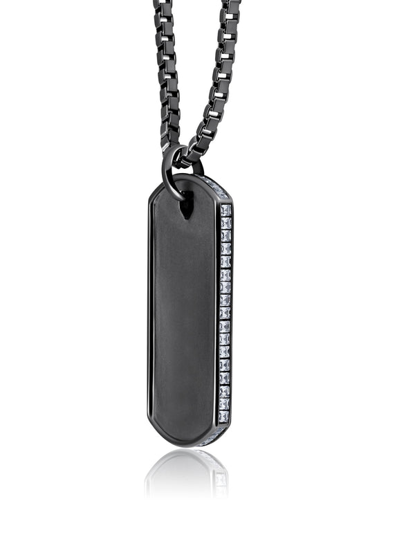 Mens Matte Box Chain Dog Tag Necklace with Baguettes Finished in Black Rhodium - CRISLU