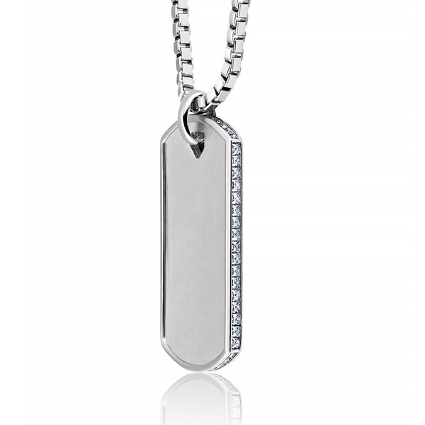 Mens Matte Box Chain Dog Tag Necklace with Baguettes Finished in Pure Platinum