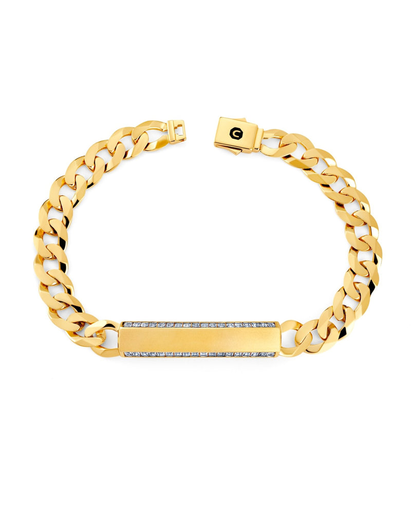 Mens Matte Curb Chain ID Bracelet with Brilliant Center Finished in 18kt Yellow Gold - CRISLU