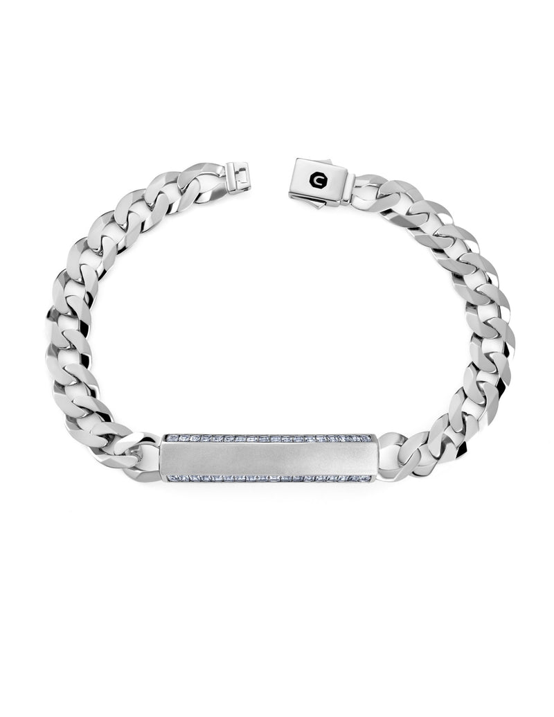 Mens Matte Curb Chain ID Bracelet with Brilliant Center Finished in Pure Platinum - CRISLU