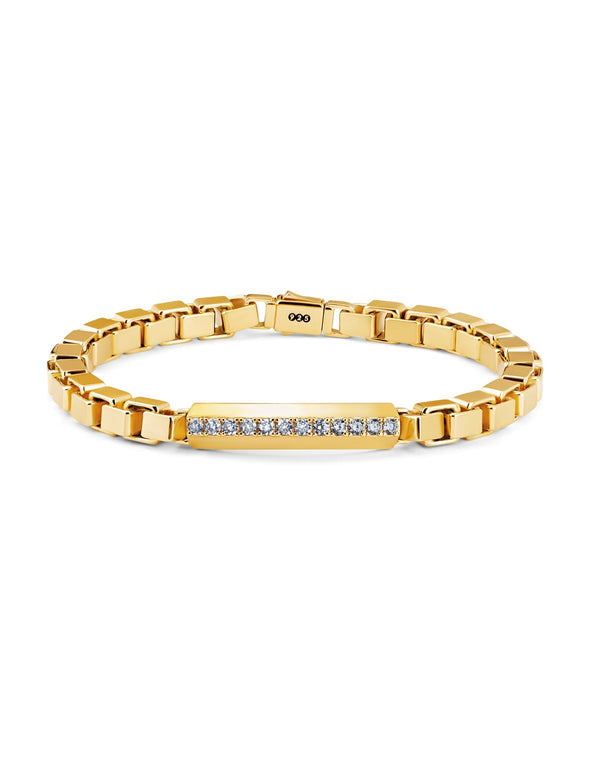 Mens Matte Large Box Chain Pave ID Bracelet in 18kt Yellow Gold - CRISLU