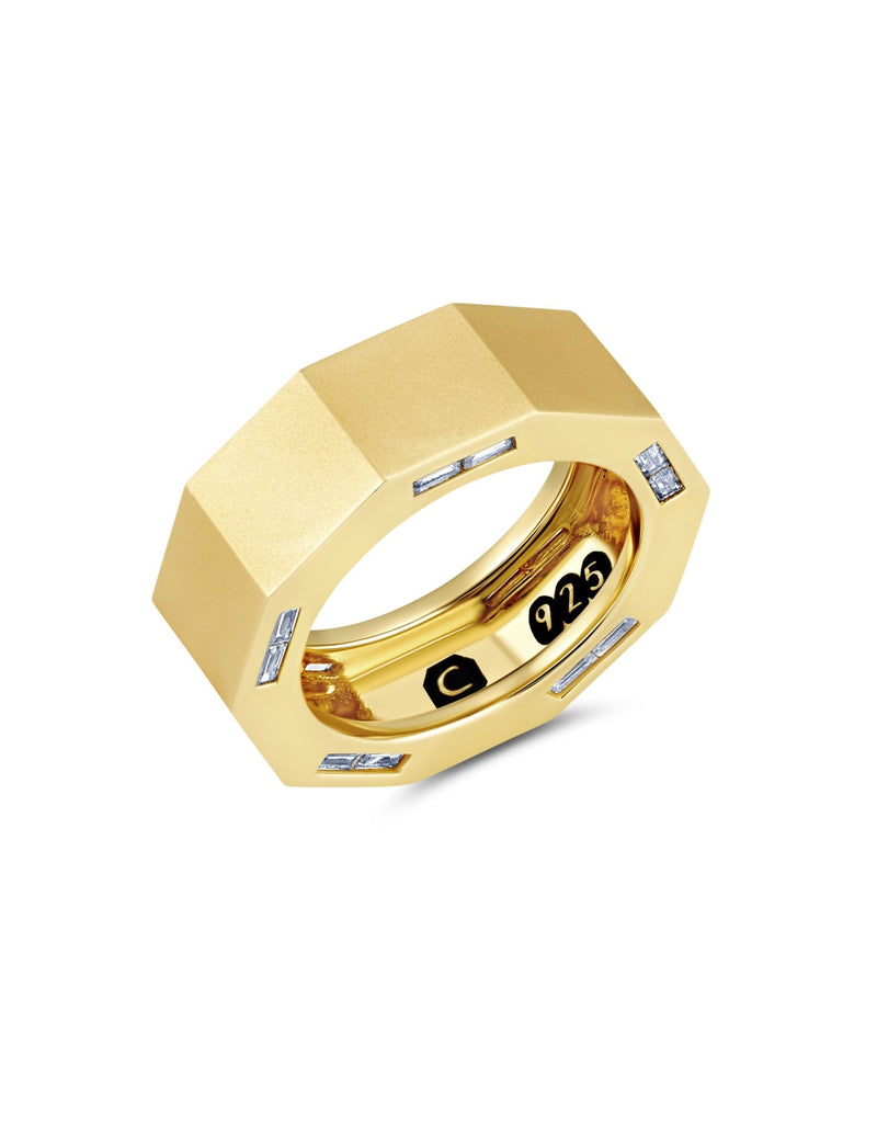 Mens Matte Octagon ring with inlayed Side Baguettes Finished in 18kt Yellow Gold - CRISLU